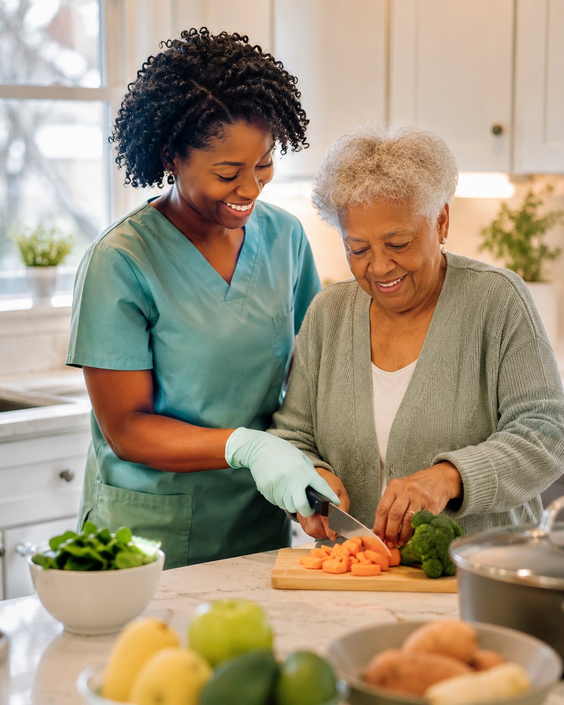A caregiver and an older woman preparing a healthy meal together in a sunny kitchen.